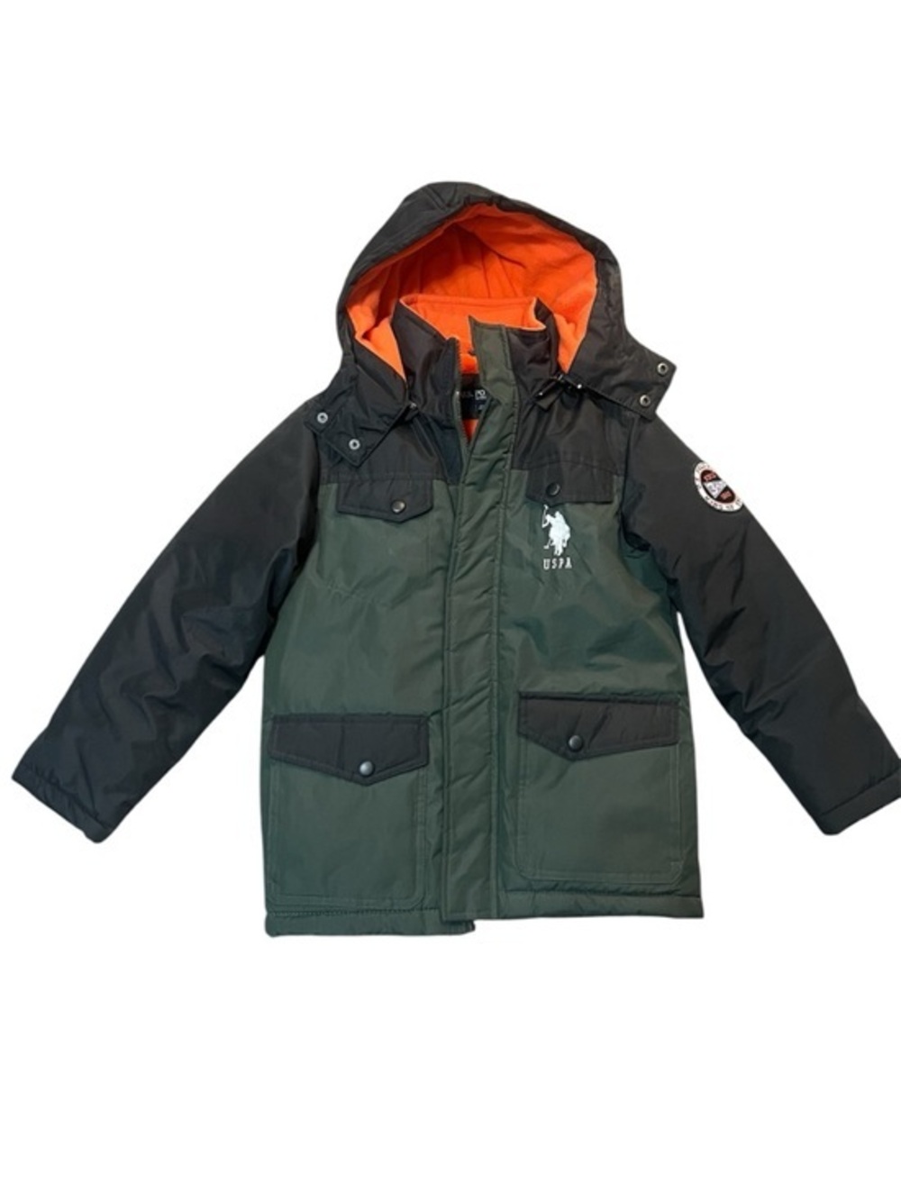 U.S. Polo Assn. Boys' Forest Green & Black Hooded Puffer with Orange  Lining